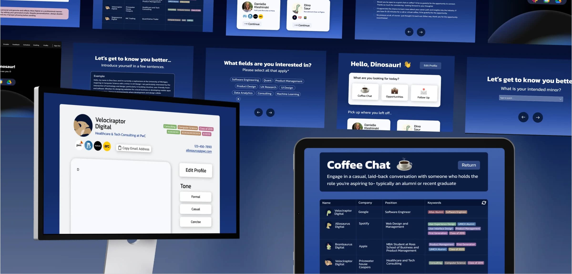 Atlas Digital Emailer collage with profile email-tone controls, Coffee Chat directory, and onboarding screens