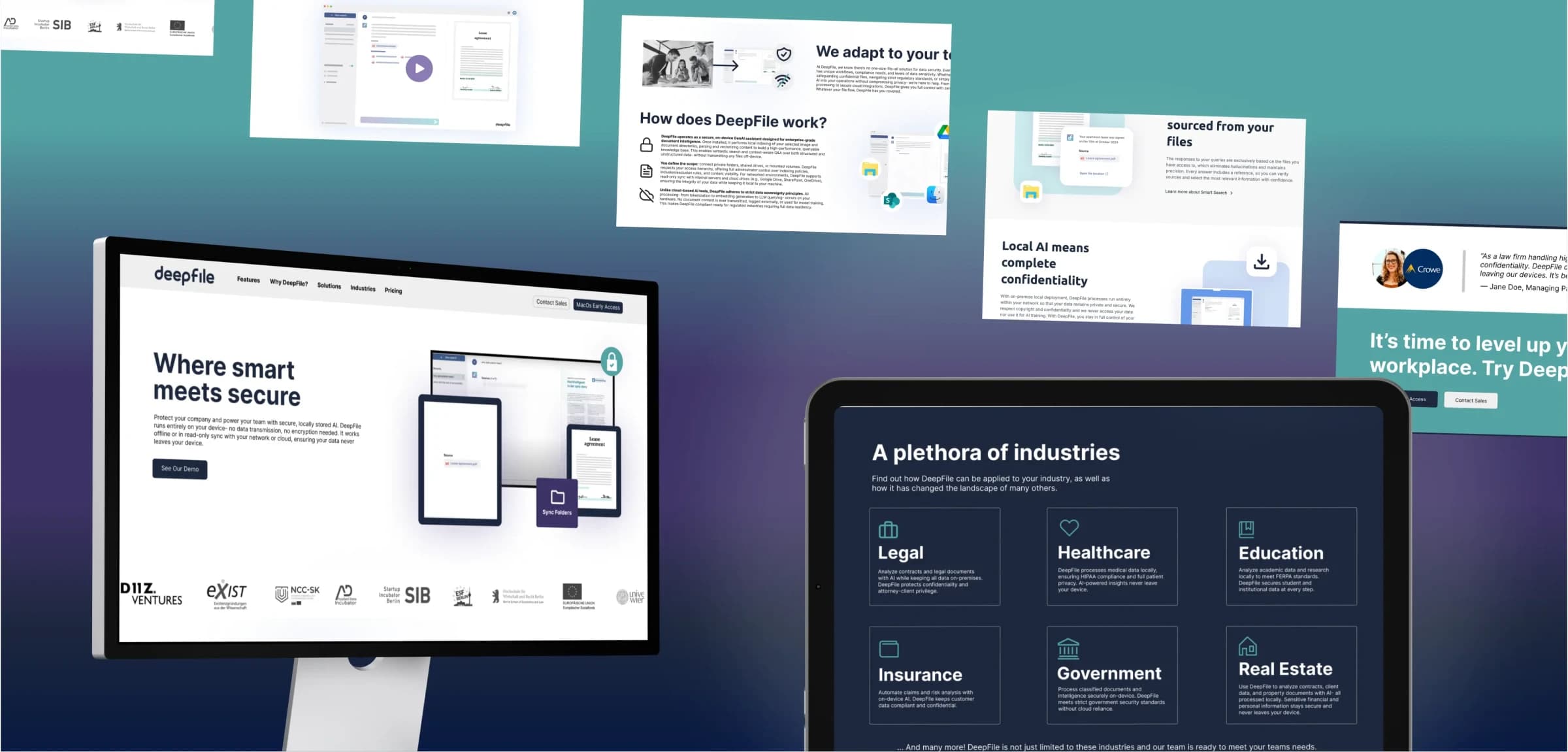 DeepFile marketing collage with desktop hero “Where smart meets secure,” industry solution cards, and on-device AI privacy messaging