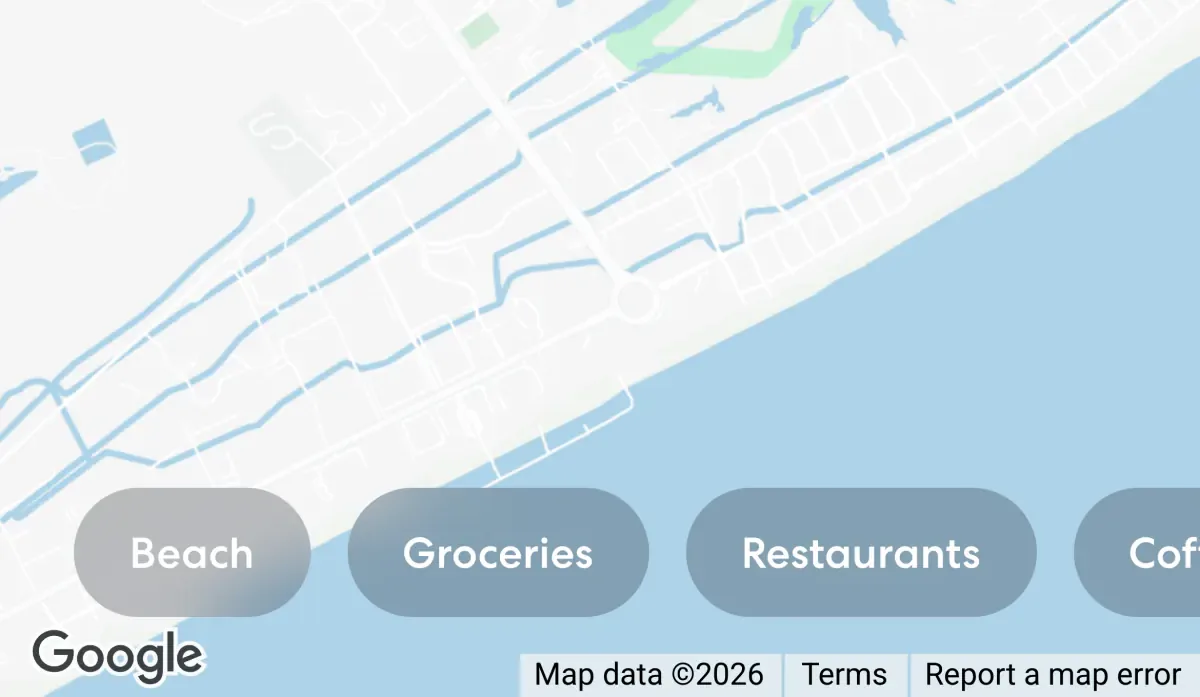 Filter pills over the property map, crossing white land, blue water and green park tiles