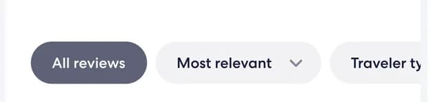 The reviews filter row in the first build: All reviews, Most relevant with a dropdown chevron, and a third pill cut off at the screen edge reading Traveler ty