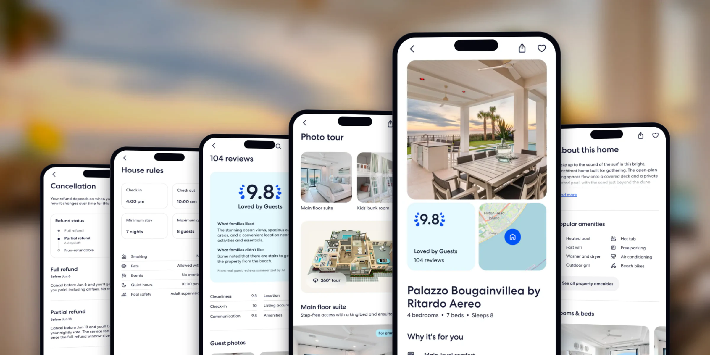 Six phone screens from the Vrbo property-detail prototype — cancellation, house rules, reviews, photo tour, the property page and about this home — over a frosted photograph of the listing’s patio