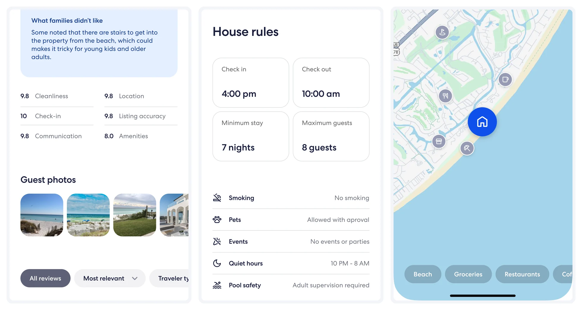 Three VRBO property-detail frames — reviews, house rules, and the map with filter pills