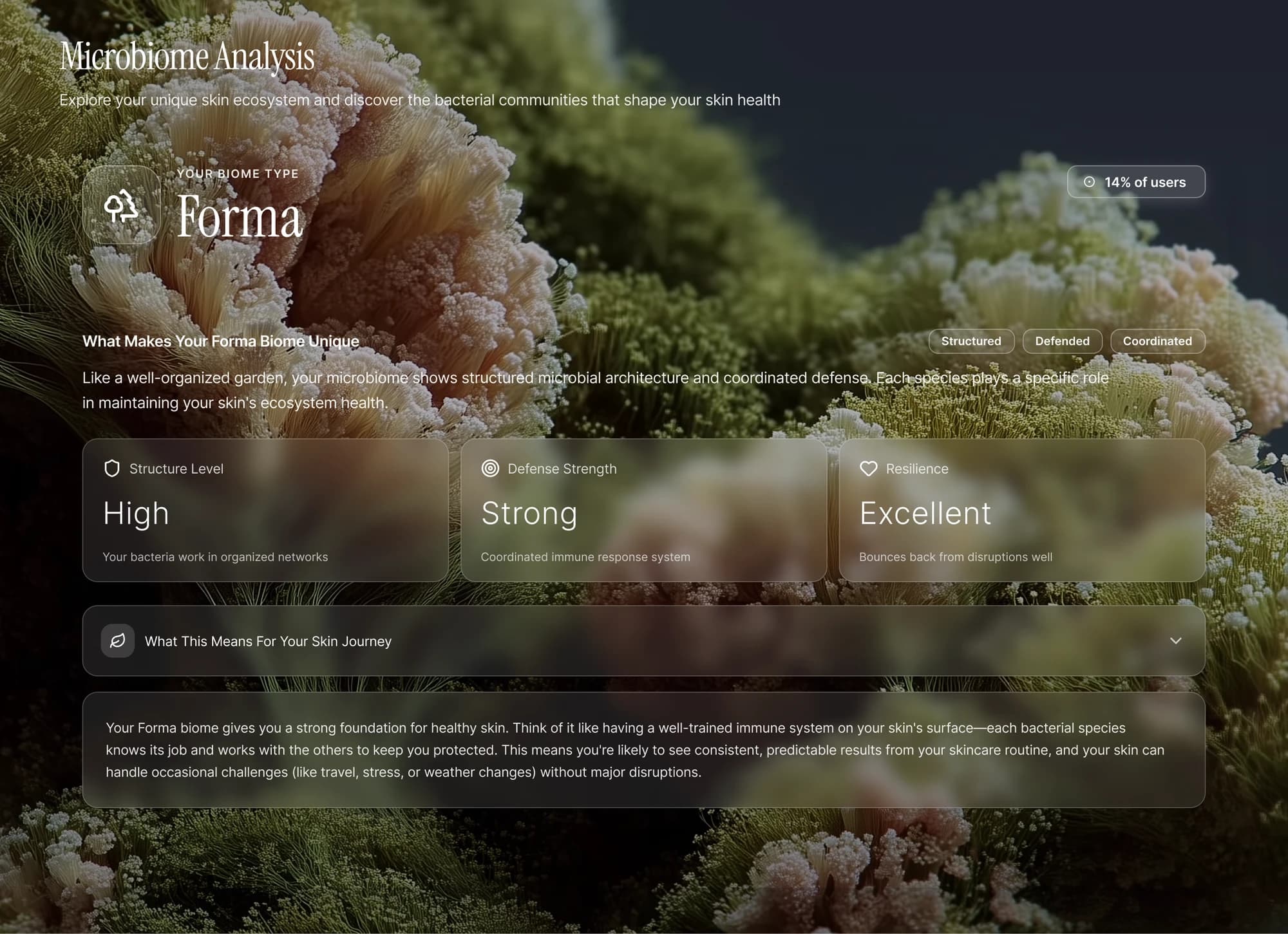 Milieu Microbiome Analysis screen: title and body copy set directly over a mossy photograph, a Structured / Defended / Coordinated chip row, three stat cards reading High, Strong and Excellent, and a collapsed What This Means For Your Skin Journey row