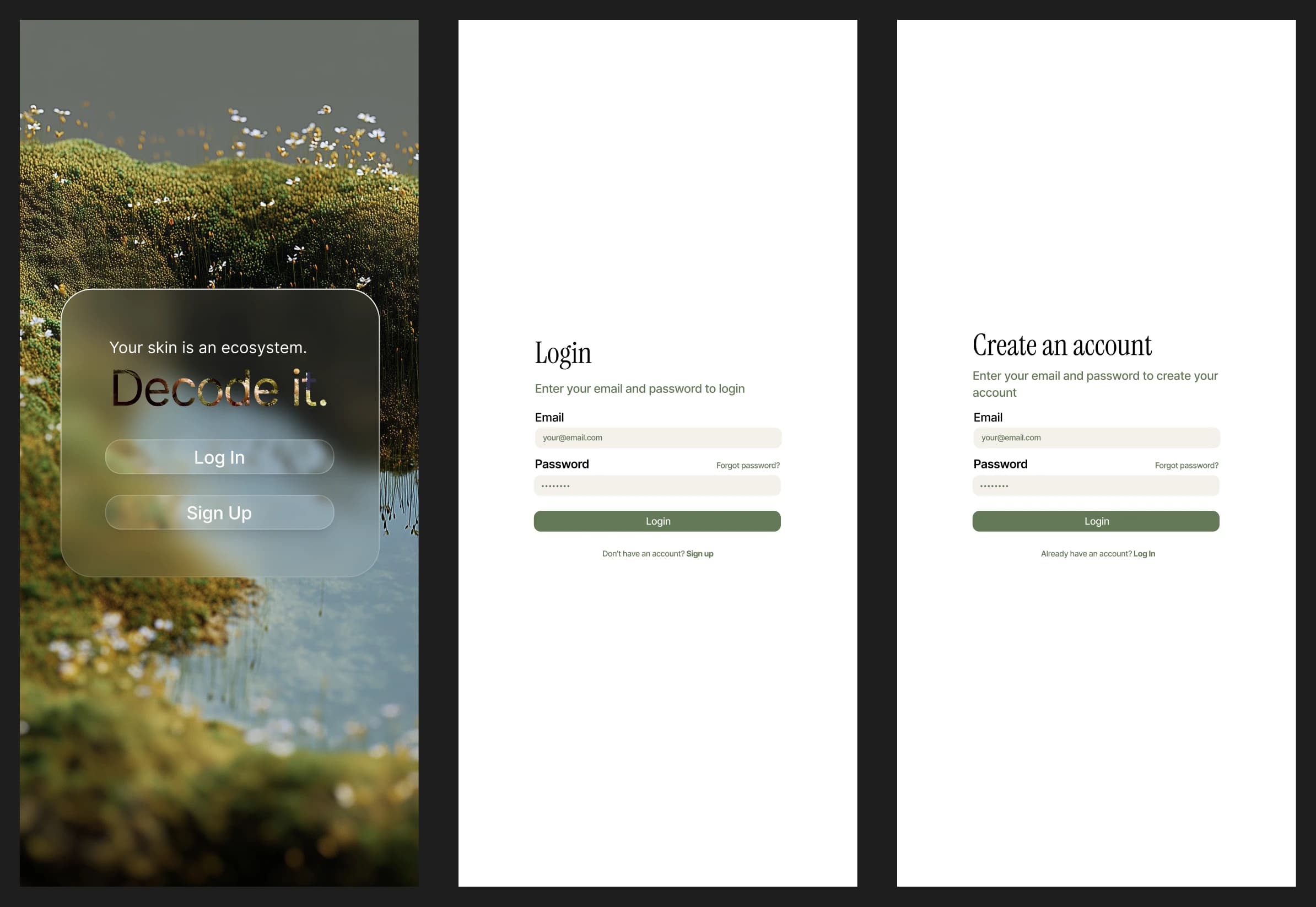 Milieu authentication screens — mossy landing with Log In and Sign Up, plus login and create-account forms