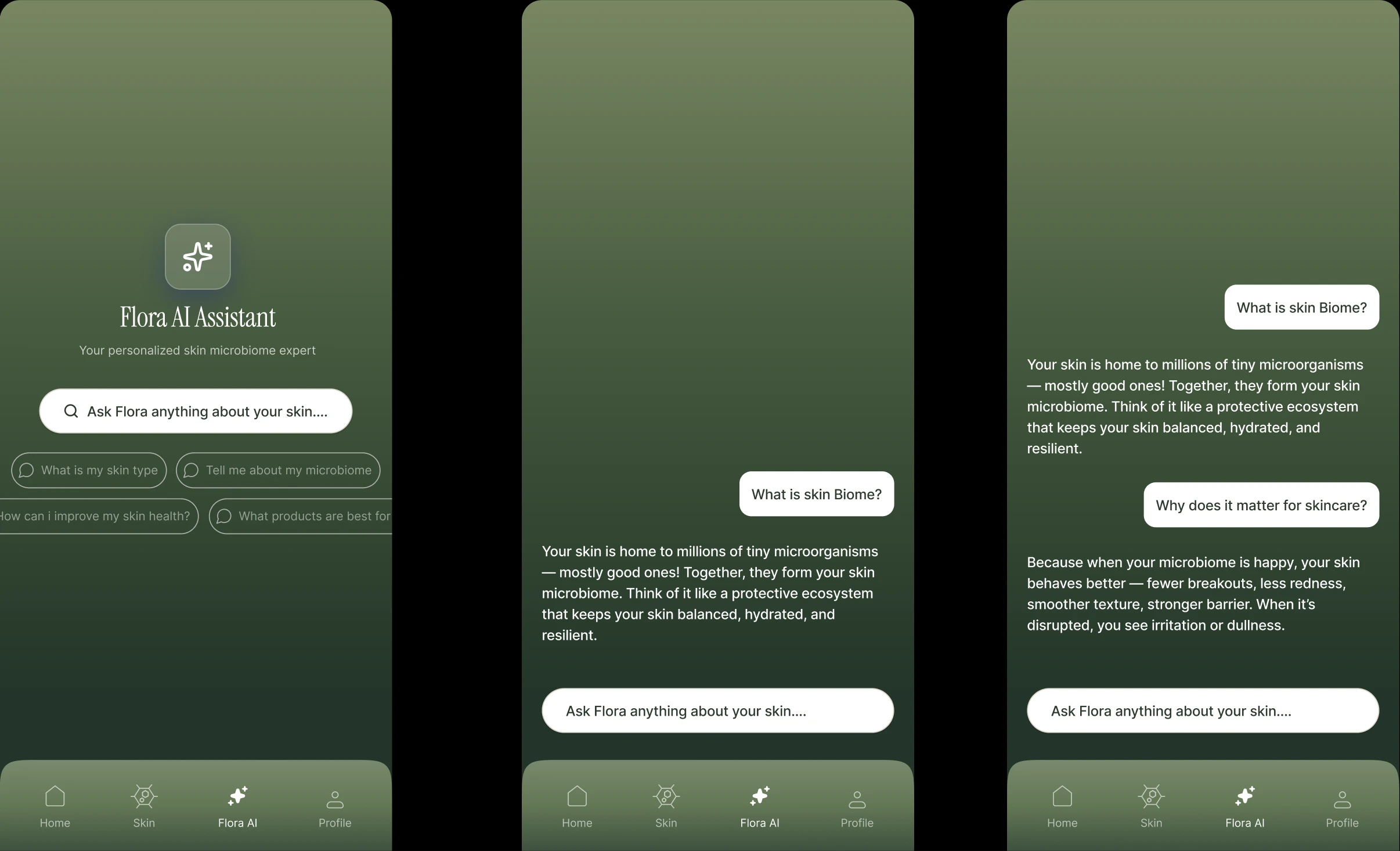 Three Flora AI mobile screens — assistant home with suggested prompts and a chat explaining the skin microbiome
