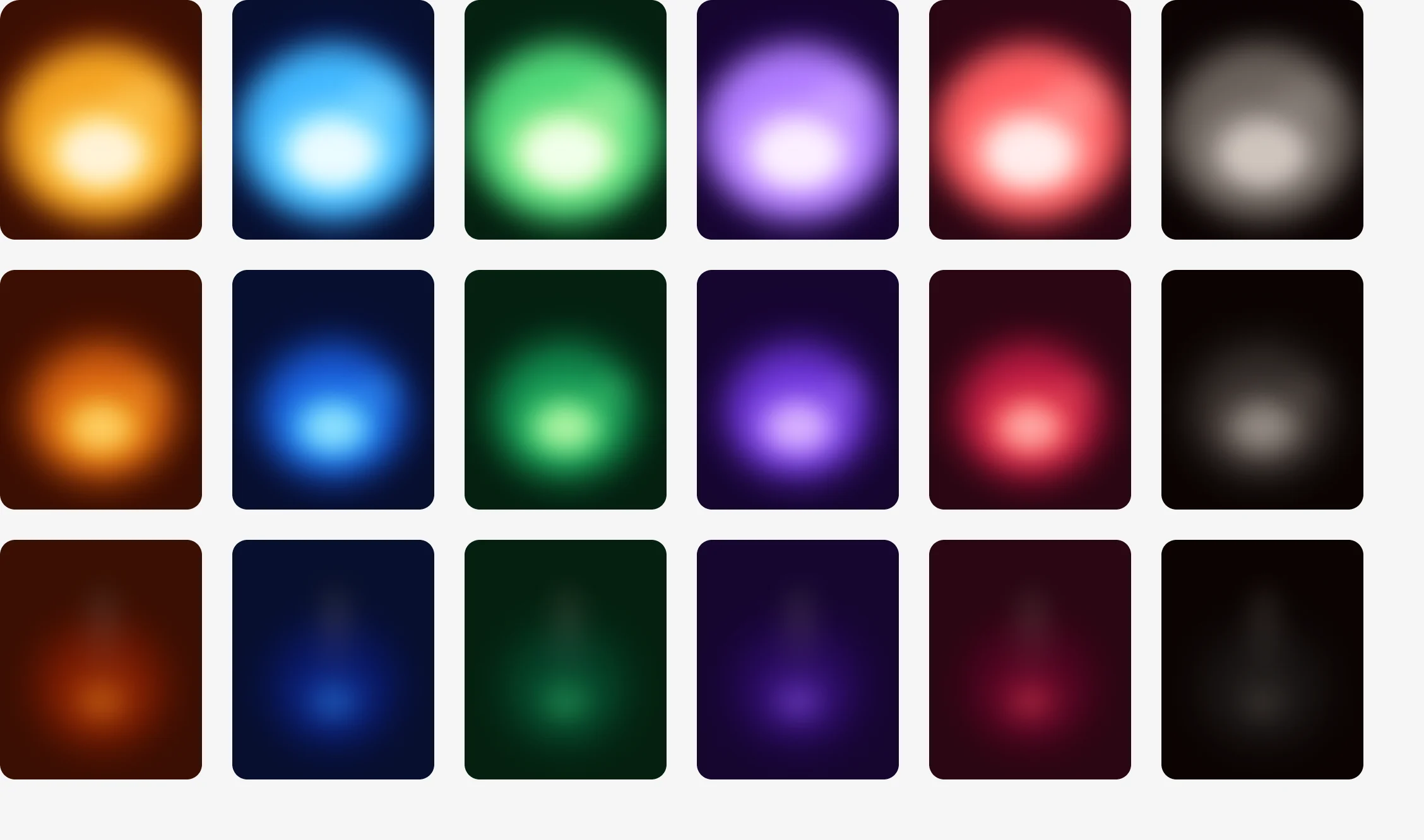 The Flame component's eighteen variants: six columns for ember, azure, verdigris, violet, crimson and ash, and three rows for high, low and out, each a soft blurred flame that dims down the rows until only a faint wisp is left