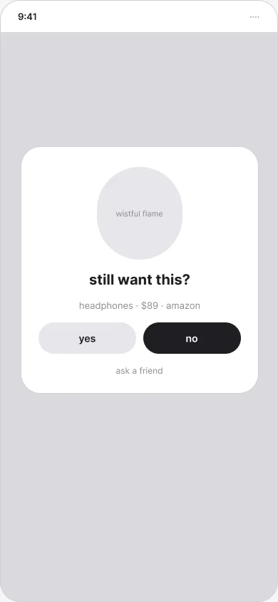 Grey wireframe of the phone pause: a popup over a dimmed home screen with a flame placeholder, the question “still want this?”, the item line “headphones · $89 · amazon”, yes and no buttons, and an “ask a friend” link
