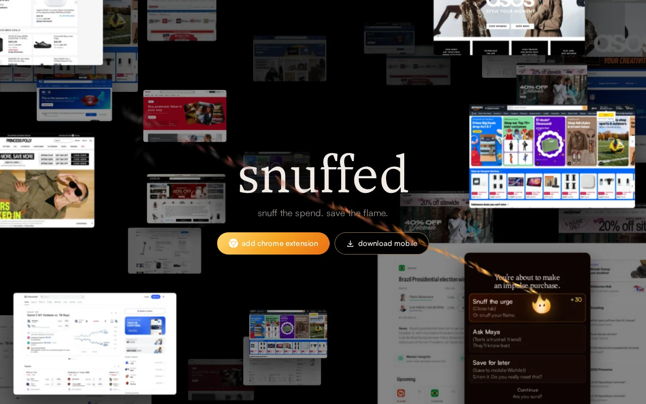 The snuffed.tech landing page with an orange smoke trail streaking diagonally across it from the top left toward a small flame cursor at the bottom right