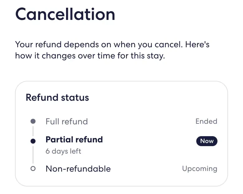 The prototype's Cancellation screen: a Refund status card with Full refund ended, Partial refund marked Now with 6 days left, and Non-refundable upcoming