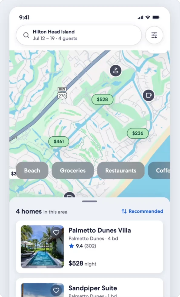 Mobile travel search — a map of results above a list of package refinements, mid-load