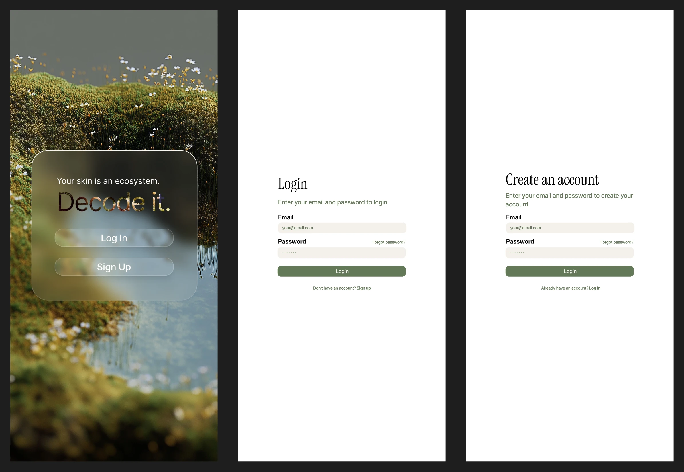 Milieu authentication screens — mossy landing with Log In and Sign Up, plus login and create-account forms
