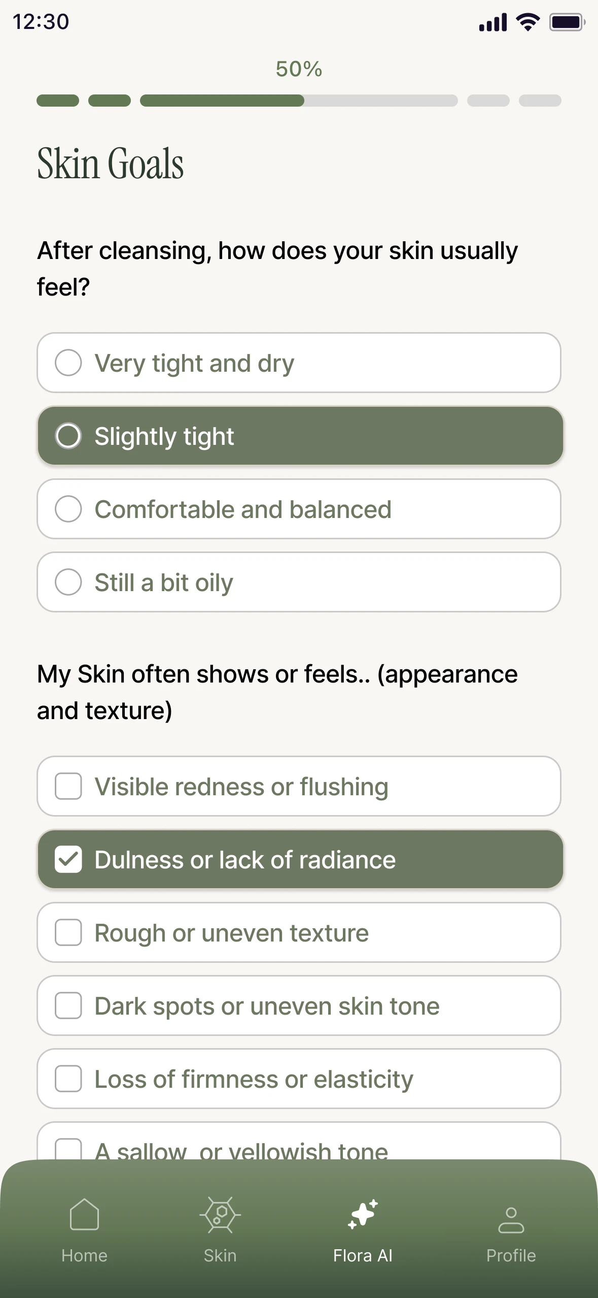 An onboarding quiz step with a progress bar and single-answer options
