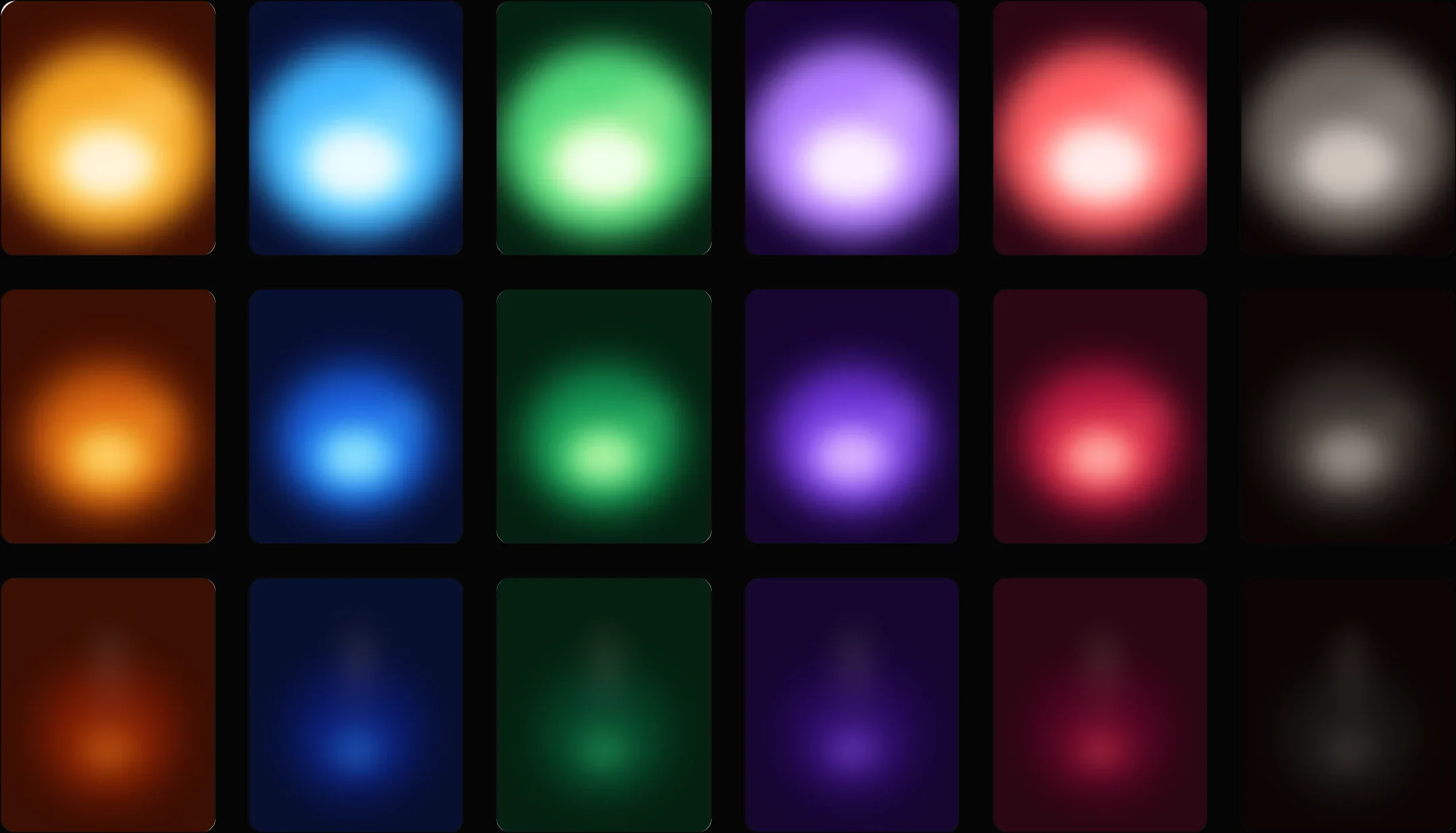 The Flame component’s eighteen variants: ember, azure, verdigris, violet, crimson and ash, each lit high, burning low and snuffed out