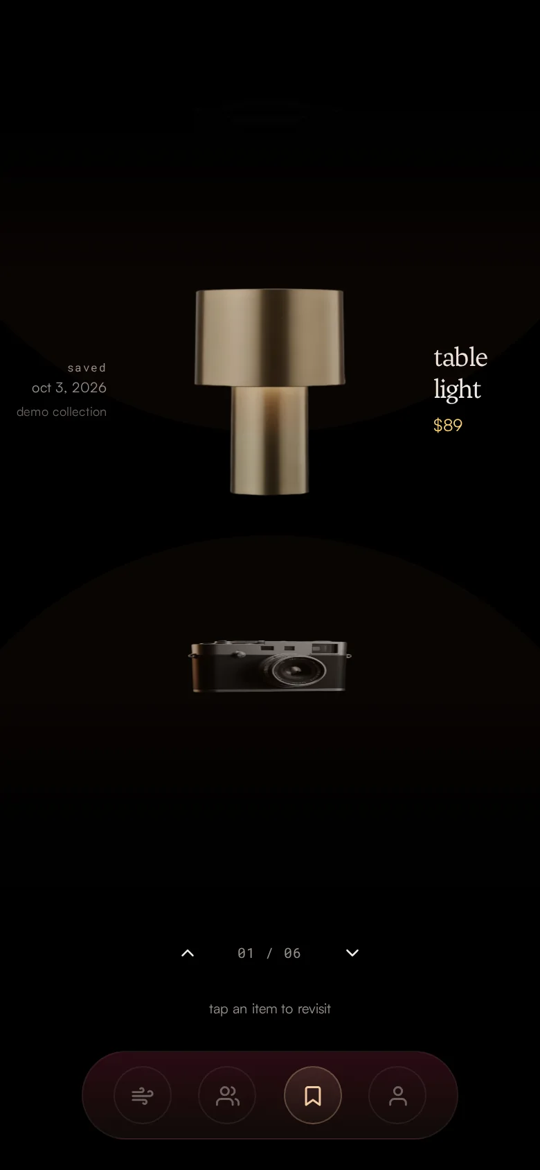 Archive: a table lamp magnified in focus, a film camera below it